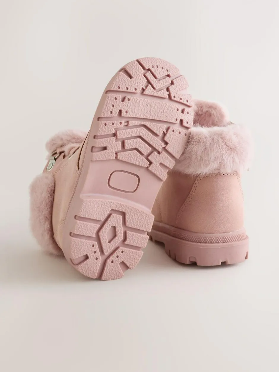 Next Lace Up Faux Fur Lined Boots Pink Clearance