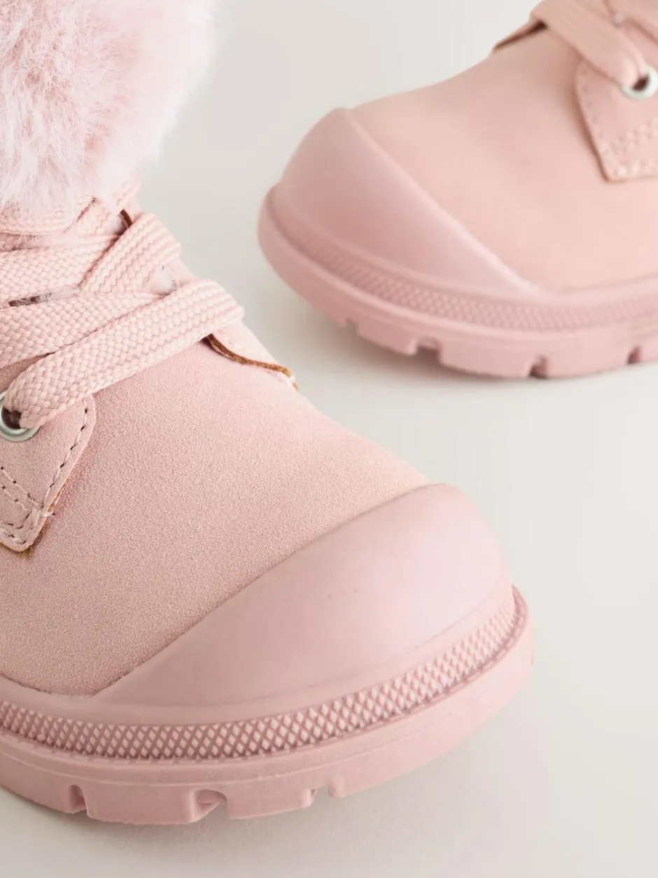 Next Lace Up Faux Fur Lined Boots Pink Clearance