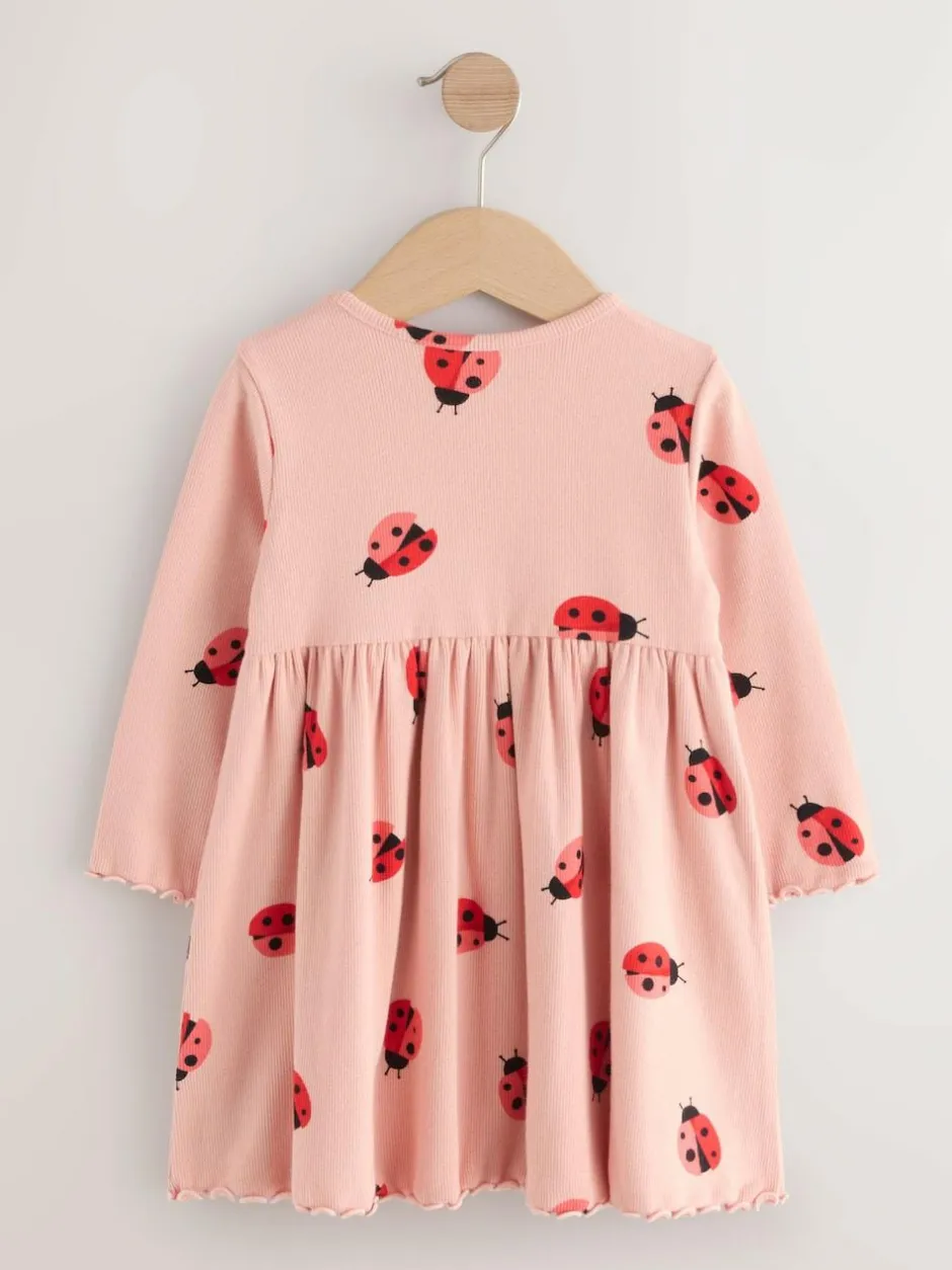 Next Pink Ladybird Long Sleeve Ribbed Dress (3mths-7yrs) Outlet