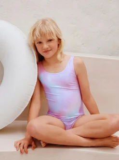 Next Scoop Neck Swimsuit (3-16yrs) Pink Rainbow Foil Sequin New