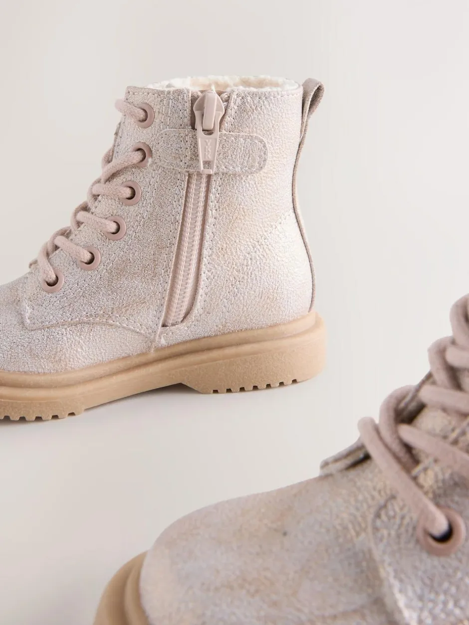 Next Standard Fit (F) Lace-Up Ankle Boots Pink Shimmer Discount