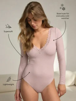 Next Thermal Base Layer Lace Trim Bodysuit Pink
