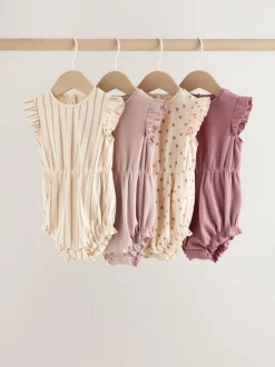 Next Frill Shoulder Baby Rompers 4 Pack Pink Tonal Spot and Stripe