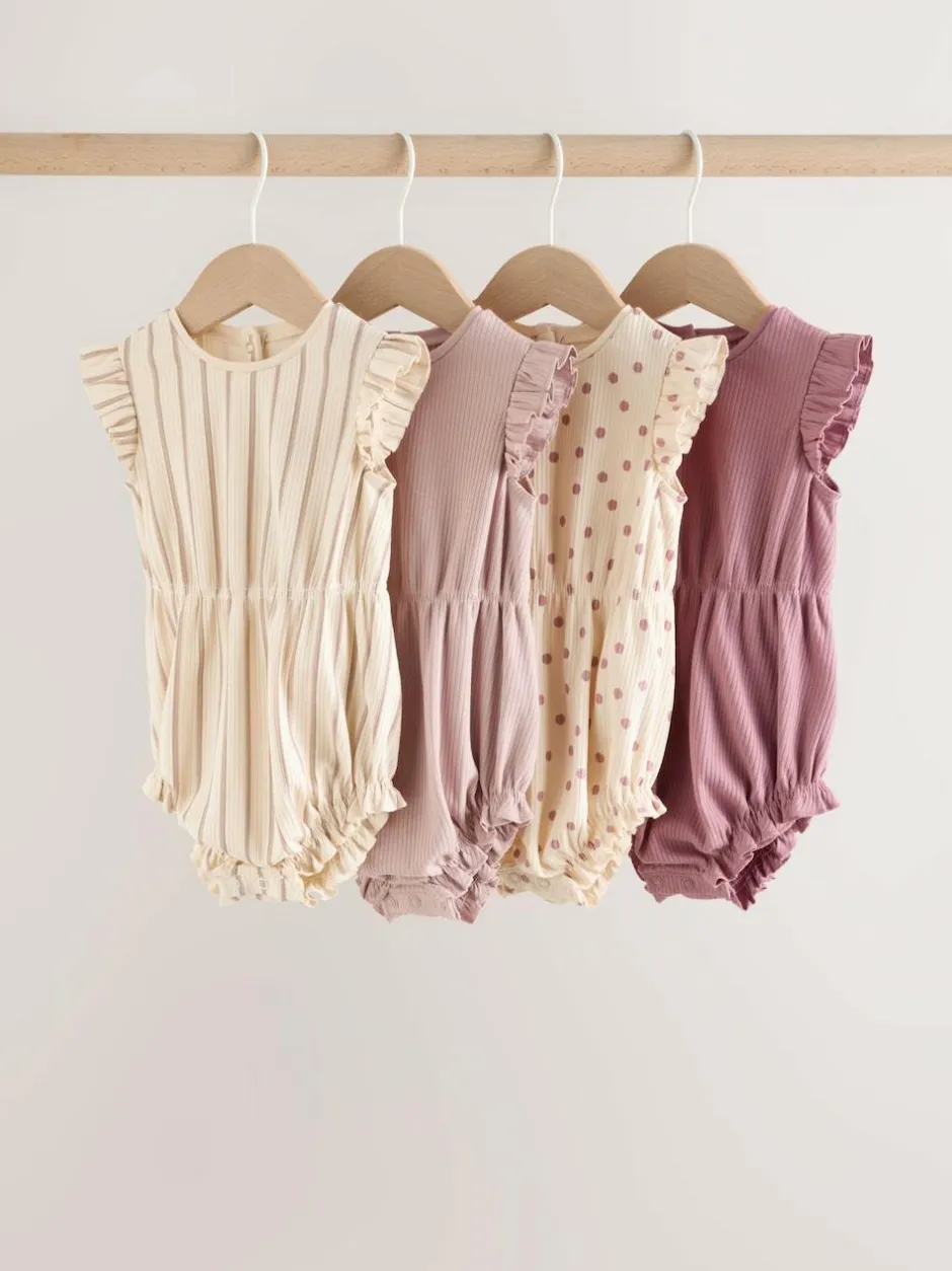 Next Frill Shoulder Baby Rompers 4 Pack Pink Tonal Spot and Stripe