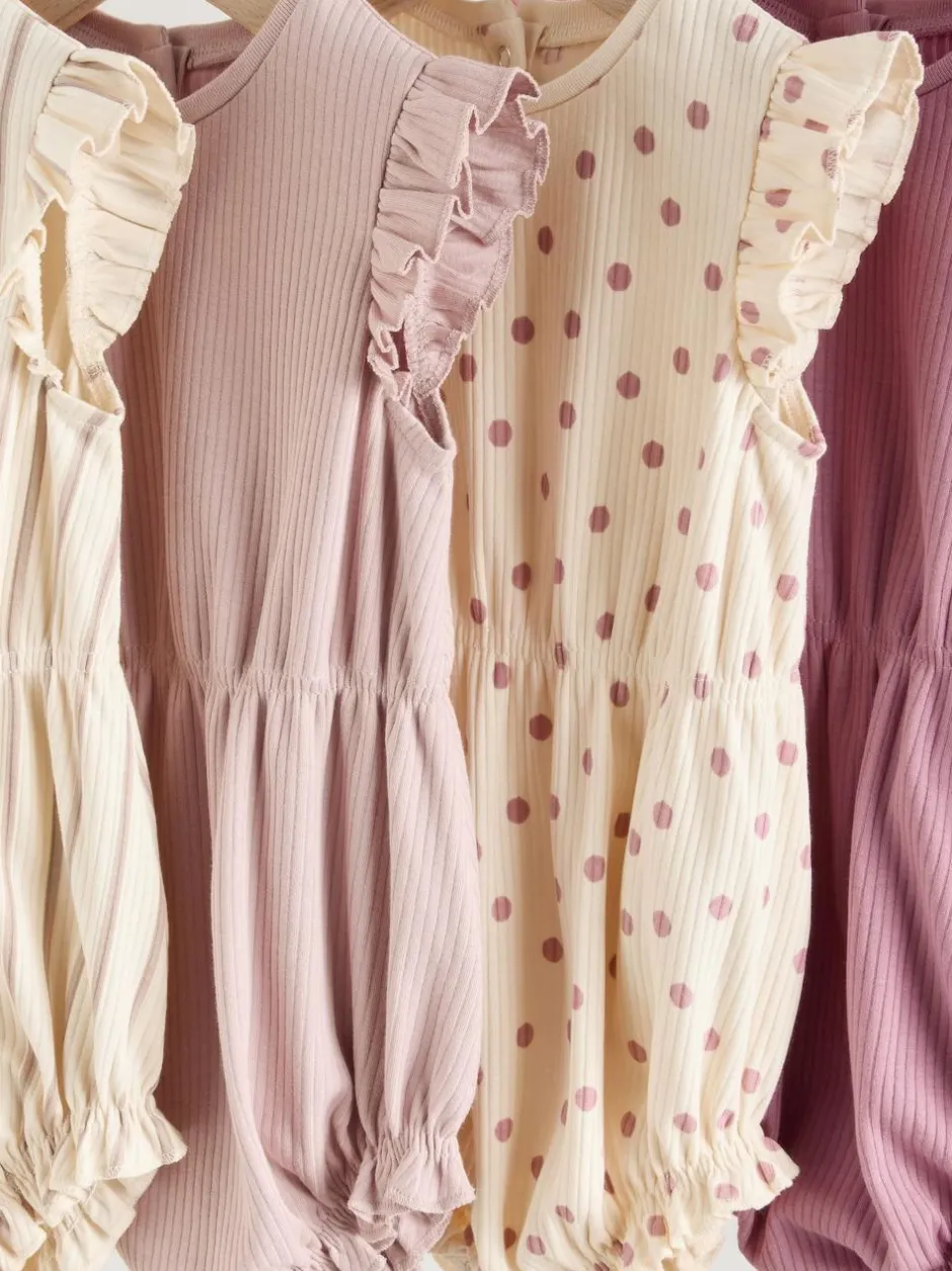 Next Frill Shoulder Baby Rompers 4 Pack Pink Tonal Spot and Stripe