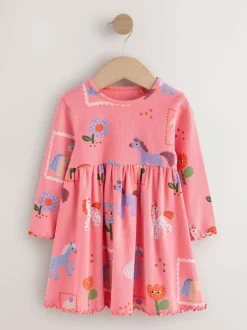 Next Pink Unicorn Long Sleeve Ribbed Dress (3mths-7yrs) Online
