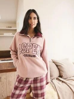 Next Half Zip Graphic Fleece Pink/Burgundy Red New