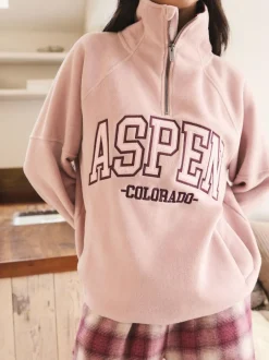 Next Half Zip Graphic Fleece Pink/Burgundy Red New