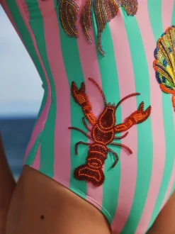 Next Pink/Green Stripe Beaded Embellished Tummy Control Scoop Swimsuit