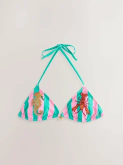 Next Pink/Green Stripe Beaded Embellished Triangle Bikini Top New