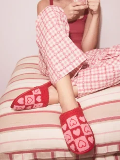 Next Pink/Red Borg Mule Check Heart Slippers Discount