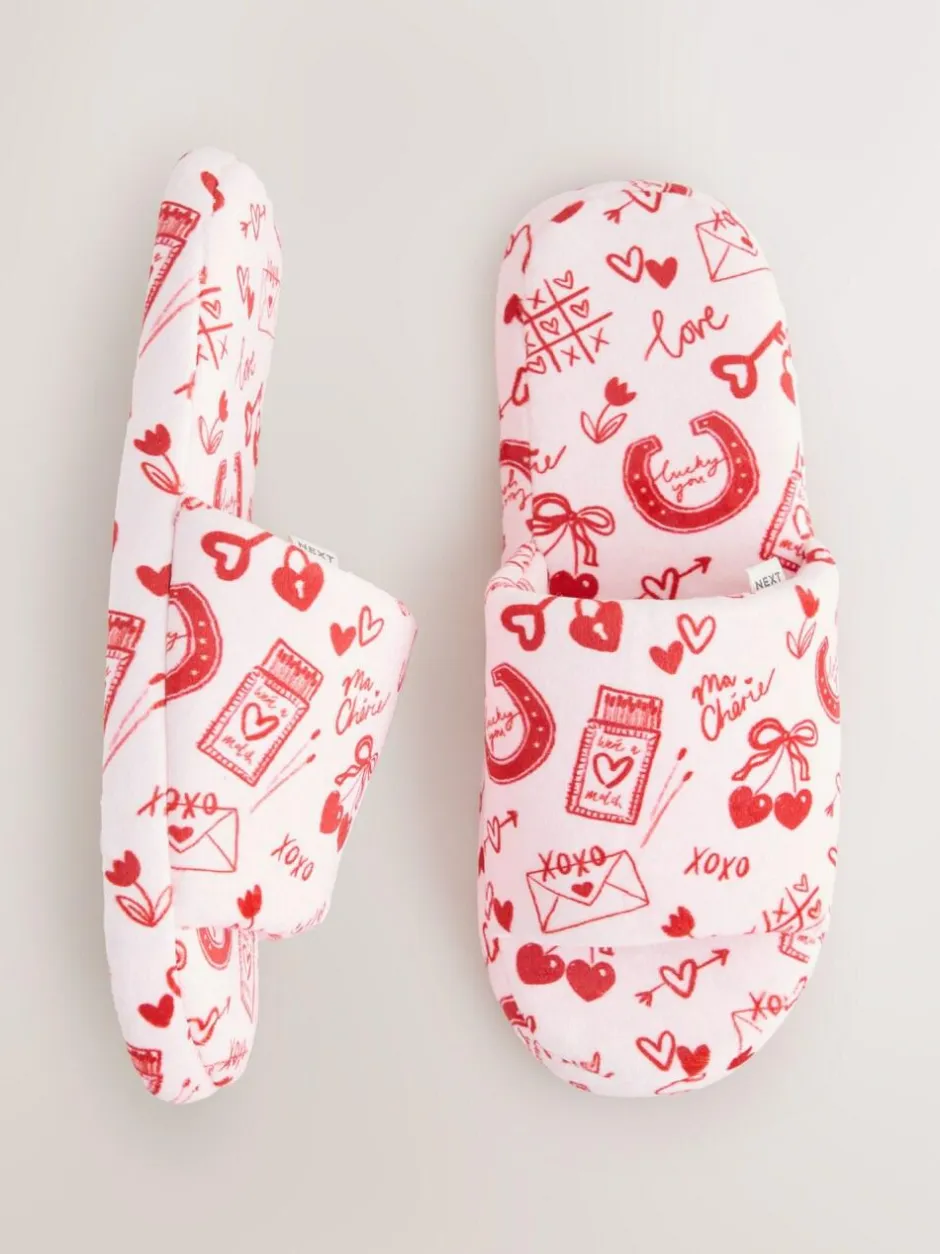 Next Pink/Red Heart Plush Slider Slippers Clearance