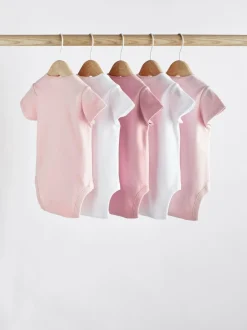 Next Pink/White 5 Pack Essential Short Sleeve Baby Bodysuits Discount