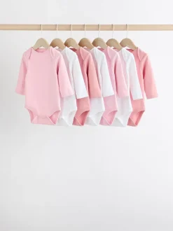 Next Pink/White 7 Pack Essential Long Sleeve Baby Bodysuits Best