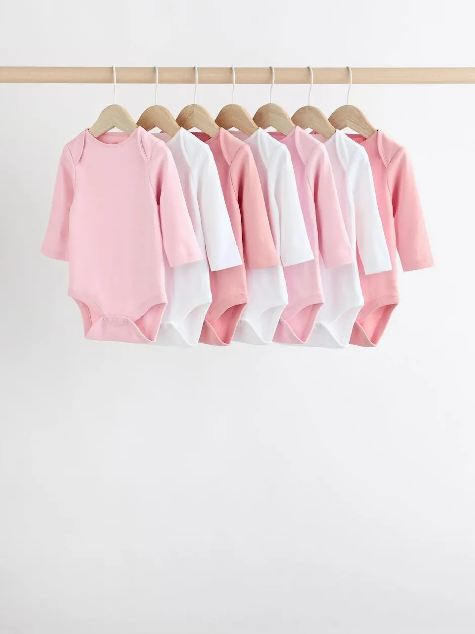 Next Pink/White 7 Pack Essential Long Sleeve Baby Bodysuits Best