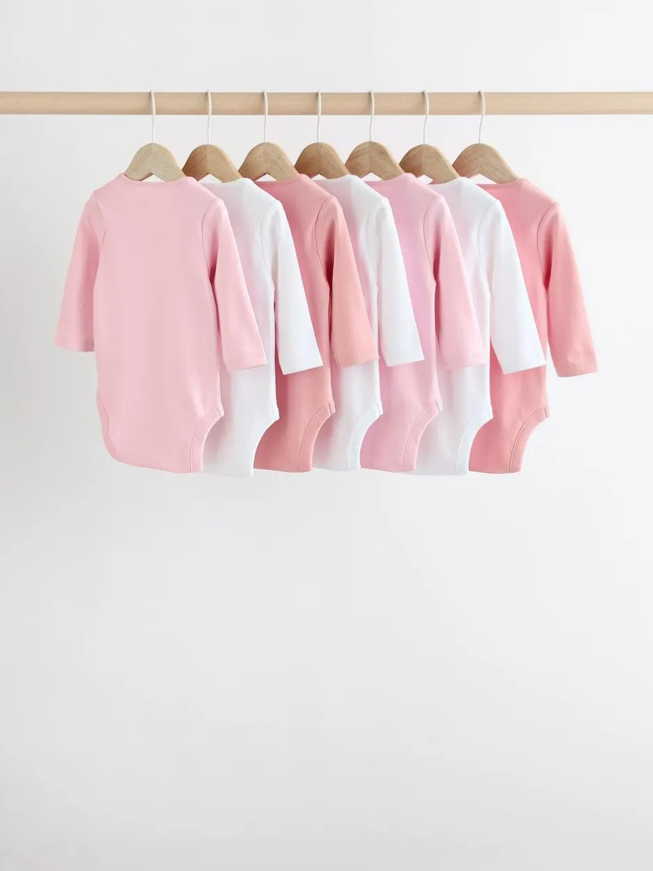 Next Pink/White 7 Pack Essential Long Sleeve Baby Bodysuits Best