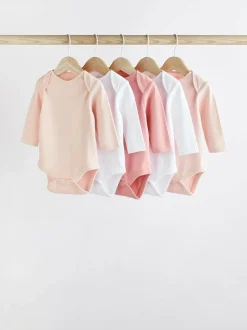 Next Pink/White 5 Pack Essential Long Sleeve Baby Bodysuits Online