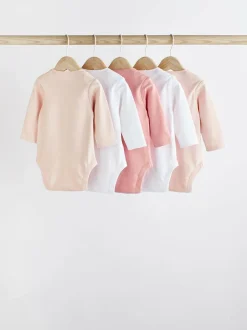 Next Pink/White 5 Pack Essential Long Sleeve Baby Bodysuits Online