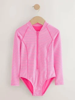 Next Textured Long Sleeve Sunsafe Swimsuit (3-16yrs) Pink/White Stripe