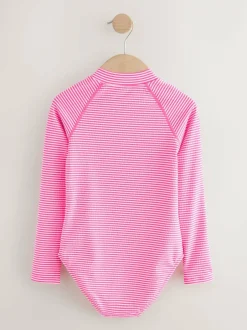 Next Textured Long Sleeve Sunsafe Swimsuit (3-16yrs) Pink/White Stripe