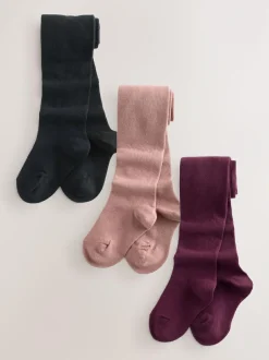 Next 3 Pack Cotton Rich Tights Plum Red Pink and Black