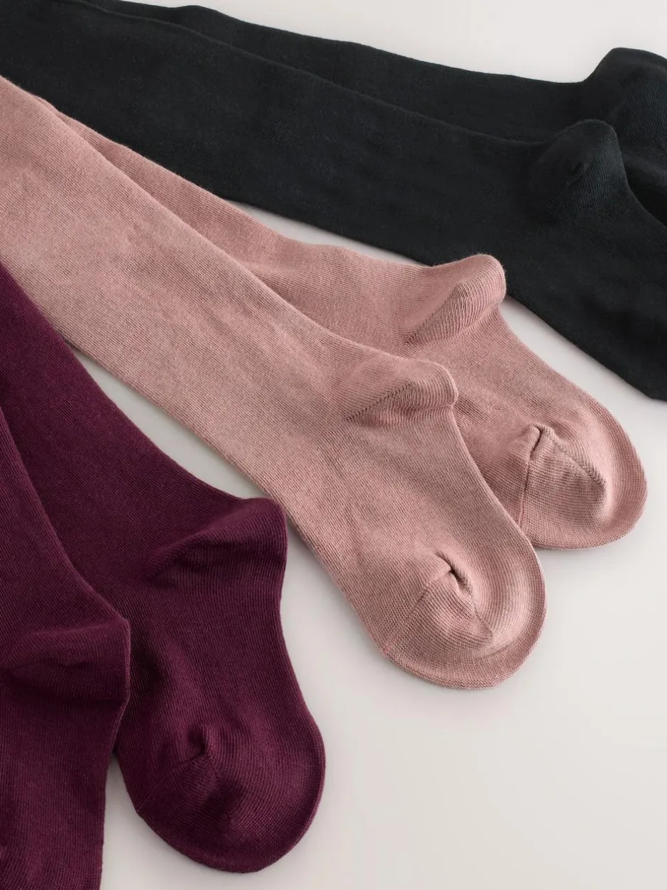 Next 3 Pack Cotton Rich Tights Plum Red Pink and Black