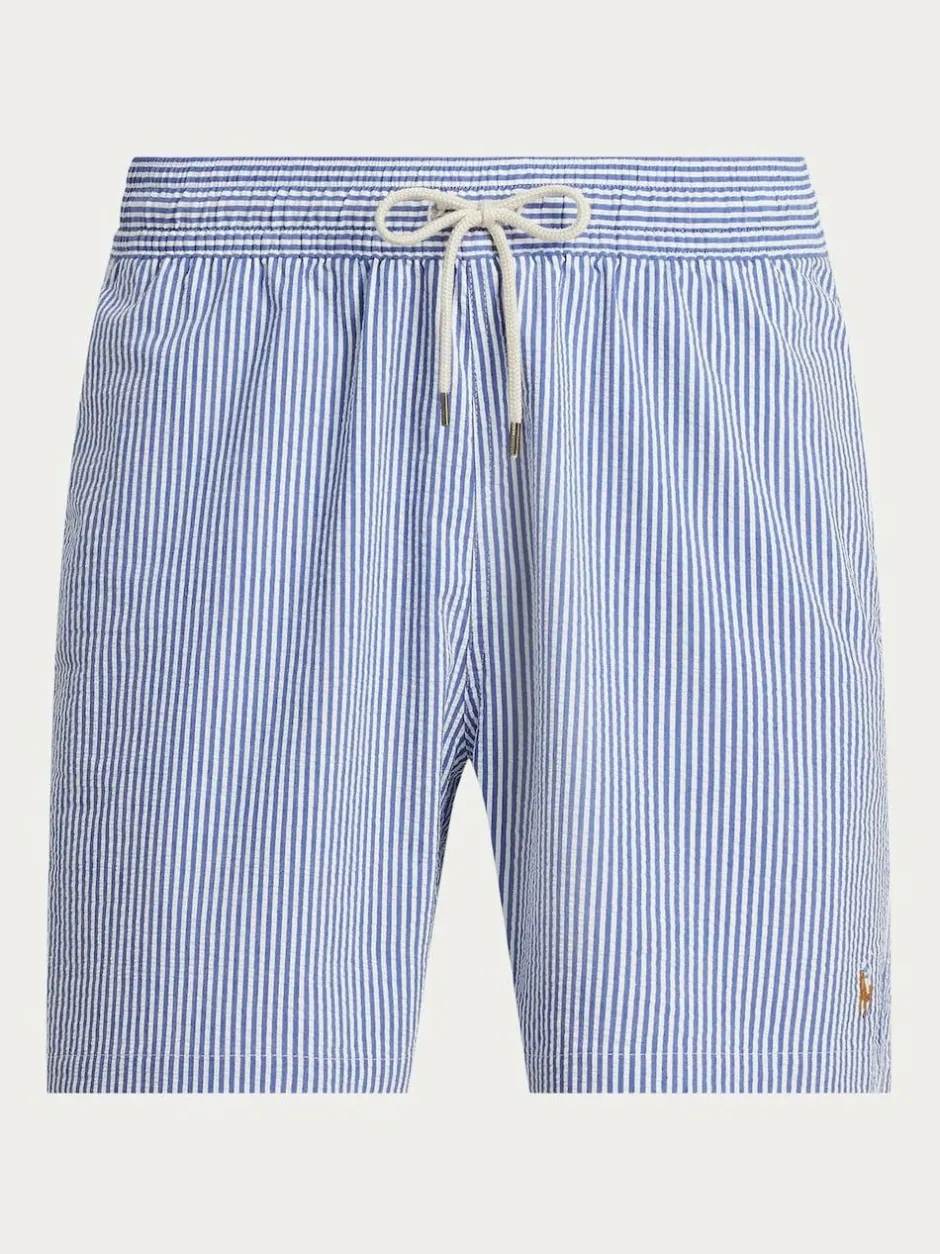 Polo Ralph Lauren Traveler Classic Seersucker Logo Swim Shorts Light Blue Clearance