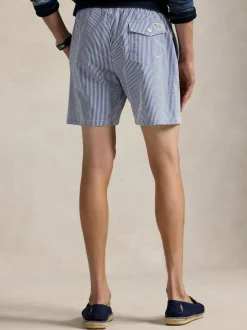 Polo Ralph Lauren Traveler Classic Seersucker Logo Swim Shorts Light Blue Clearance