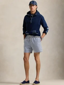 Polo Ralph Lauren Traveler Classic Seersucker Logo Swim Shorts Light Blue Clearance