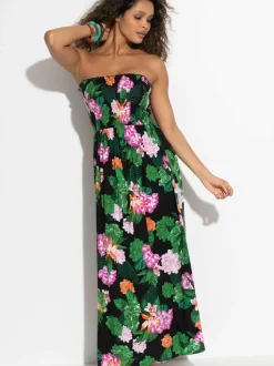 Pour Moi Black Floral Strapless Shirred Bodice Woven Maxi Beach Dress Online
