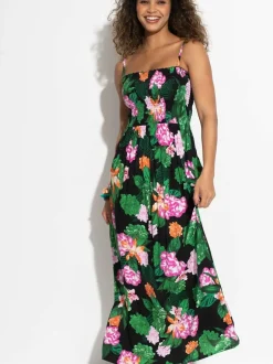 Pour Moi Black Floral Strapless Shirred Bodice Woven Maxi Beach Dress Online