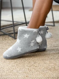 Pour Moi Grey Star Knit Faux Fur Lined Bootie Slippers Clearance
