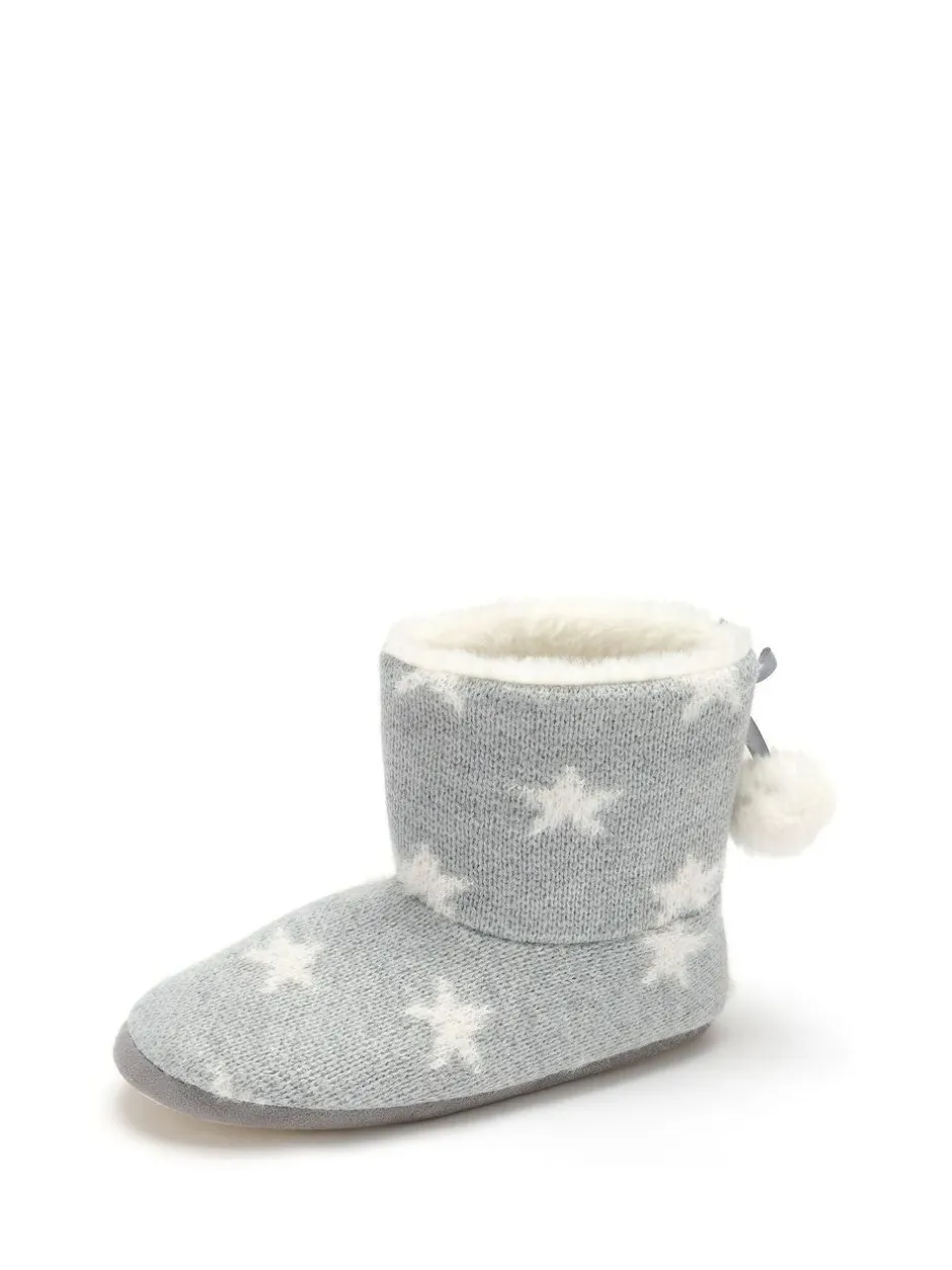 Pour Moi Grey Star Knit Faux Fur Lined Bootie Slippers Clearance