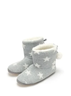 Pour Moi Grey Star Knit Faux Fur Lined Bootie Slippers Clearance