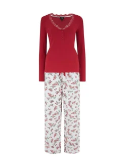 Pour Moi Red Rib Jersey Lace Trim Henley Top and Brushed Cotton Pyjamas Set Outlet