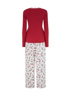 Pour Moi Red Rib Jersey Lace Trim Henley Top and Brushed Cotton Pyjamas Set Outlet