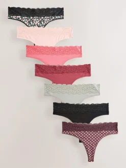Next Thong Cotton and Lace Knickers 7 Pack Printed Spot Discount