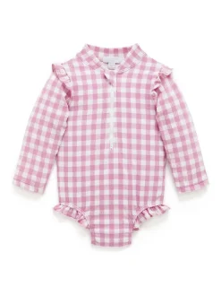 Purebaby Pink Frilly Long Sleeve Swimsuit New
