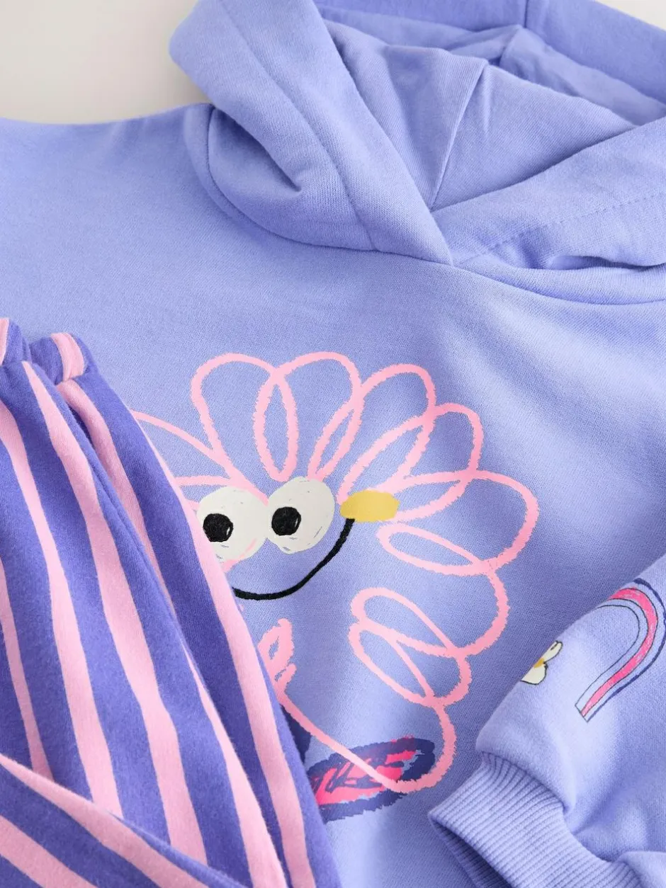 Next Purple Stripe Flower Hoodie & Barrel Leg Joggers Set (3mths-7yrs) Clearance