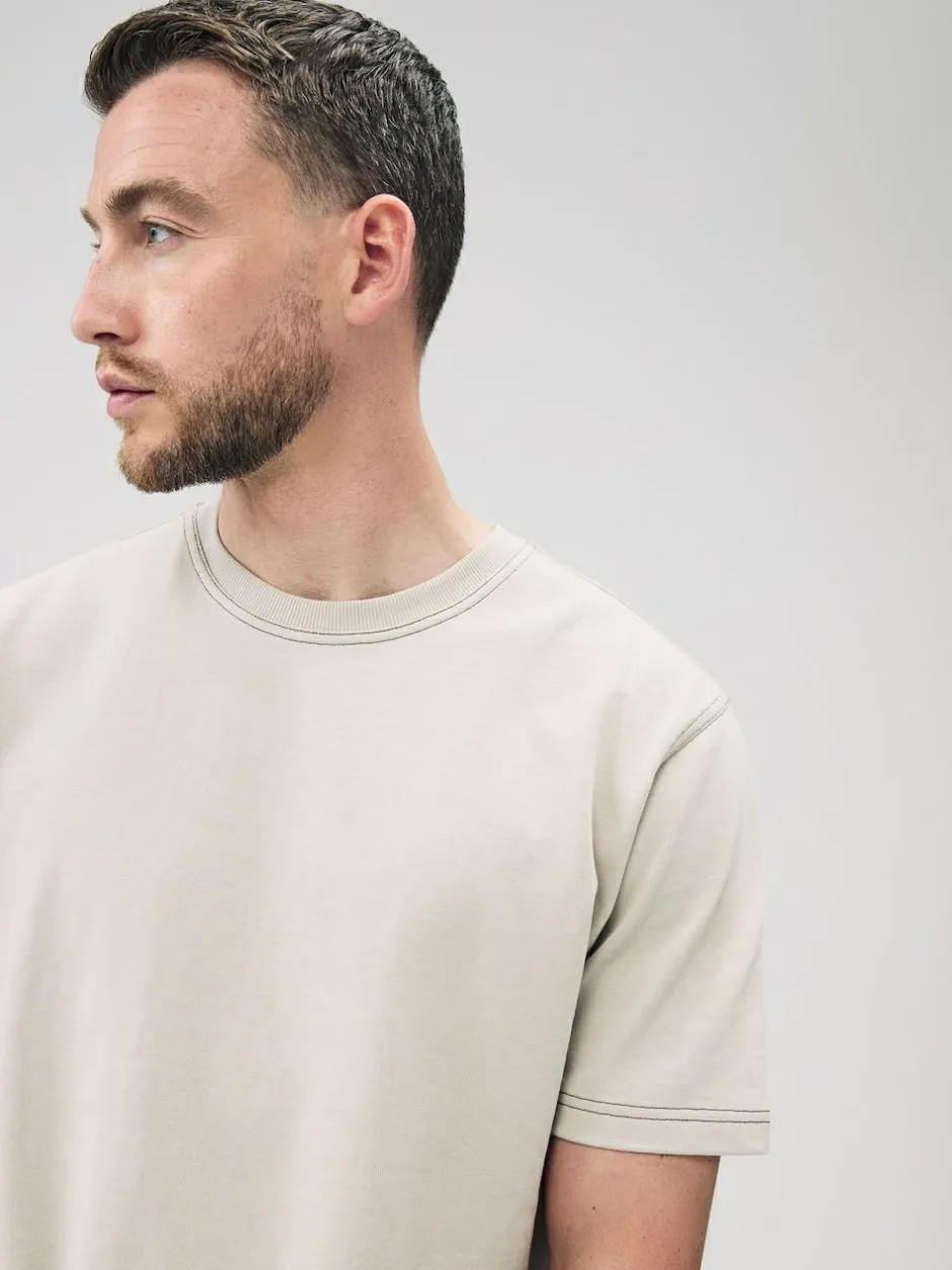 Next Putty Contrast Stitch Regular Fit Heavyweight T-Shirt Discount