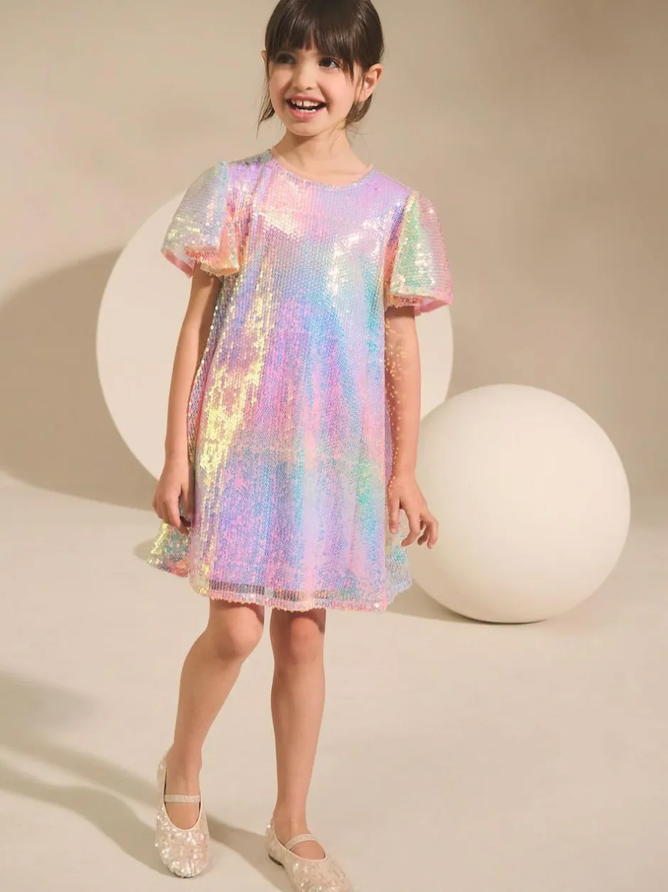 Next Angel Sleeve Sequin Party Dress (3-16yrs) Rainbow Clearance