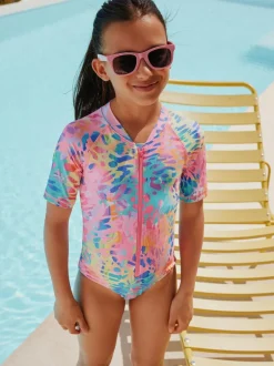 Next Short Sleeved Sunsafe Swimsuit (3mths-16yrs) Rainbow Animal Tie Dye Clearance