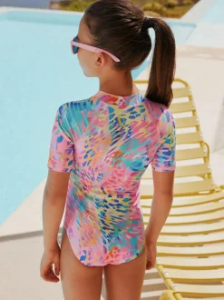 Next Short Sleeved Sunsafe Swimsuit (3mths-16yrs) Rainbow Animal Tie Dye Clearance