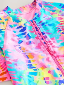 Next Short Sleeved Sunsafe Swimsuit (3mths-16yrs) Rainbow Animal Tie Dye Clearance