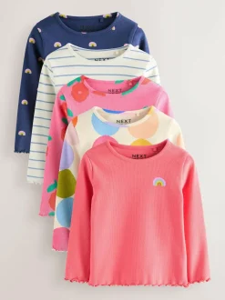 Next Rainbow Spot Long Sleeve Rib Tops 5 Pack (3mths-7yrs)