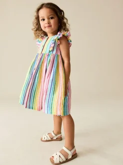 Next Rainbow Stripe Double Ruffle Sleeve Dress (3mths-8yrs) Hot