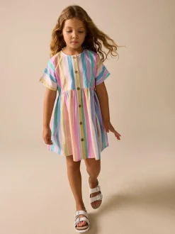 Next Stripe Short Sleeve Button Through Dress (3-16yrs) Rainbow Online