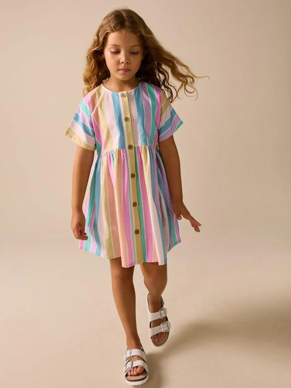 Next Stripe Short Sleeve Button Through Dress (3-16yrs) Rainbow Online