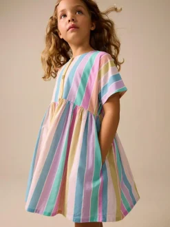 Next Stripe Short Sleeve Button Through Dress (3-16yrs) Rainbow Online
