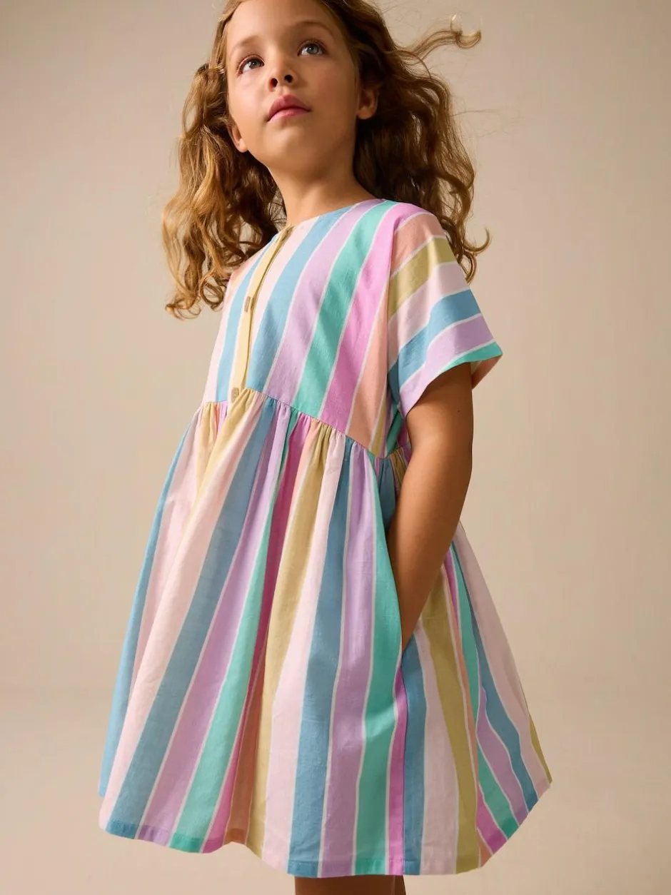 Next Stripe Short Sleeve Button Through Dress (3-16yrs) Rainbow Online